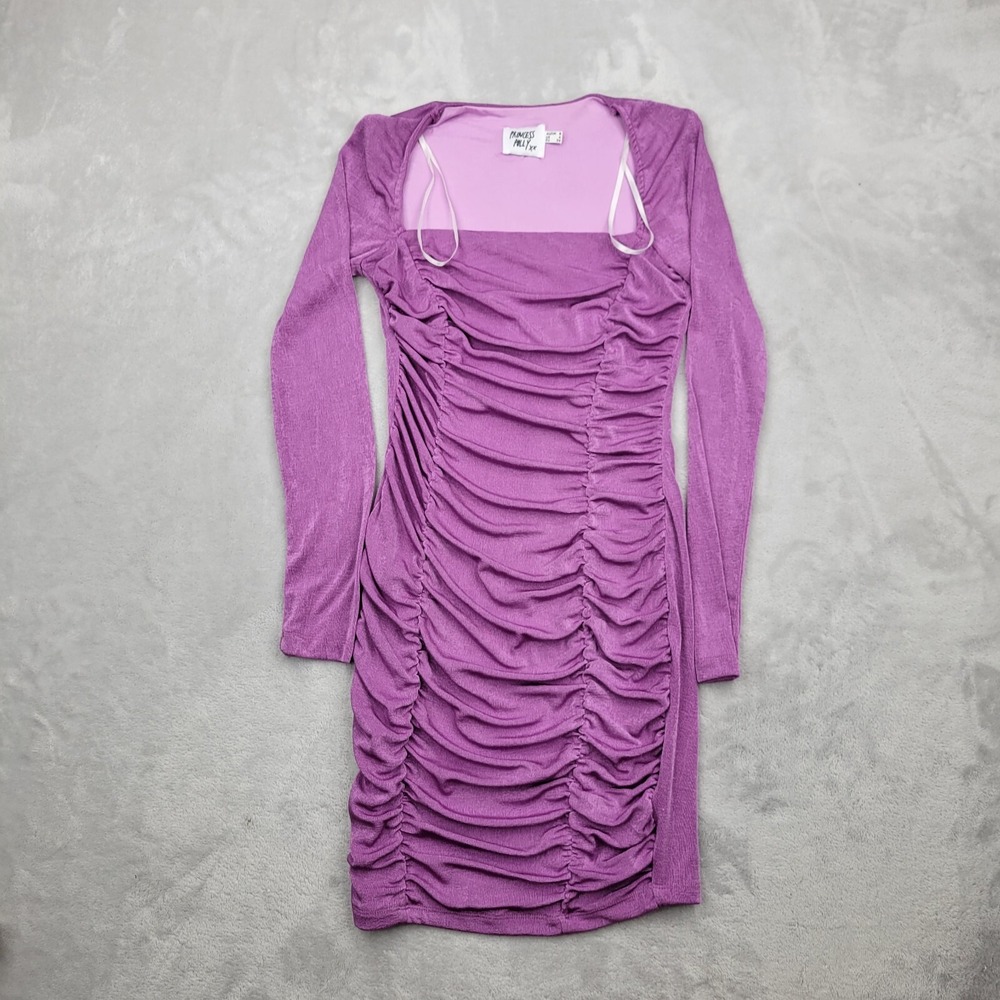 Princess Polly Dress Womens 4 Purple Long Sleeve Mini Front Cut Out Smock Ruffle